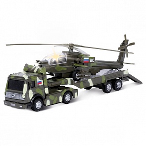 Трейлер Военный с вертолетом, металлический, инерционный, свет и звук (Технопарк, CT10-037-3sim)